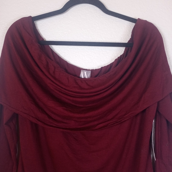 Worthington Burgundy Draped Off Shoulder Cowl Neck Long Sleeve Boho Casual Shirt - Picture 3 of 8